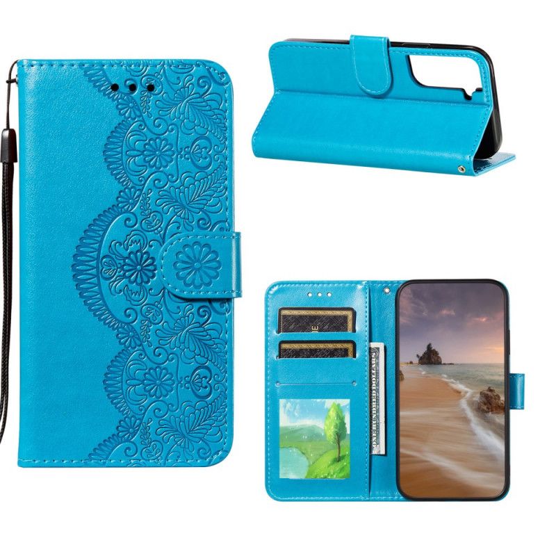 Etui Folio Samsung Galaxy S21 Plus 5G Jasnoniebieski Czerwony Nadruk Haftu Kwiatowego Etui Ochronne