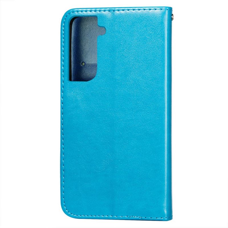 Etui Folio Samsung Galaxy S21 Plus 5G Jasnoniebieski Czerwony Nadruk Haftu Kwiatowego Etui Ochronne