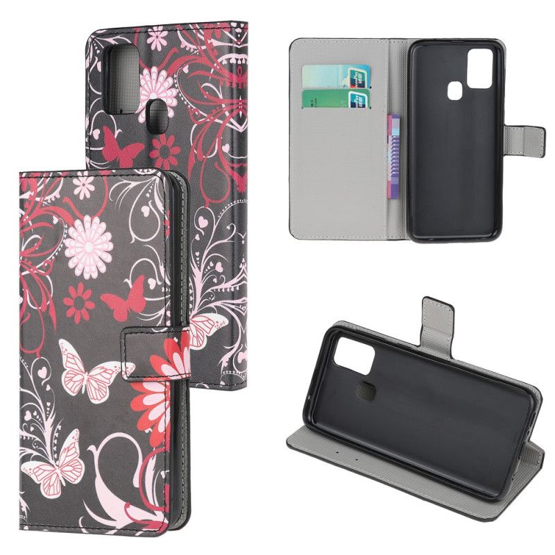 Etui Folio Samsung Galaxy M21 Fioletowy Motyle I Kwiaty Etui Ochronne