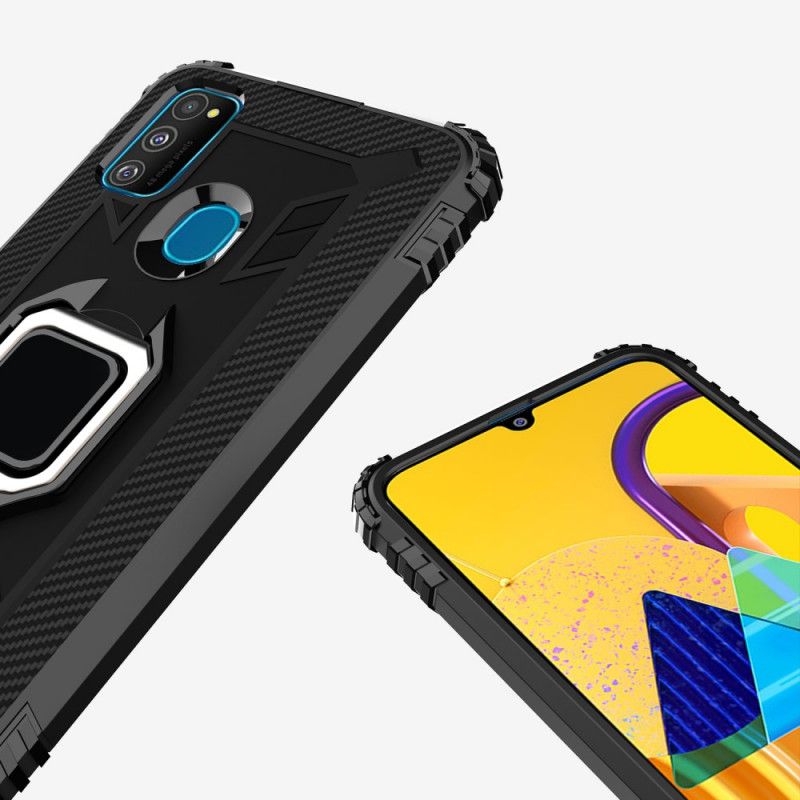 Etui Samsung Galaxy M21 Czerwony Czarny Pierścień I Włókno Węglowe