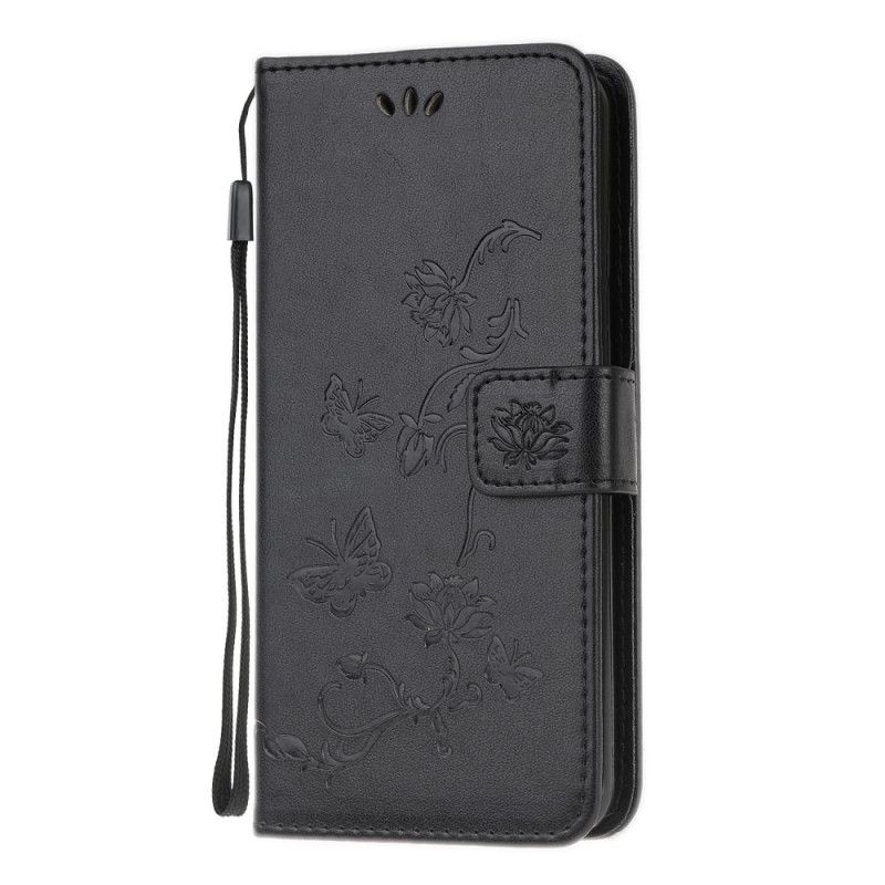 Skórzany Futerał Samsung Galaxy M21 Szary Czarny Etui na Telefon Motyle I Kwiaty Na Stringach