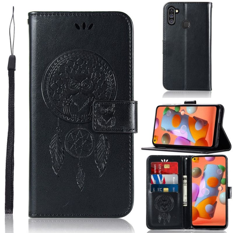 Etui Folio Samsung Galaxy M11 Brązowy Jasnoniebieski Łapacz Snów Z Sową Skórą