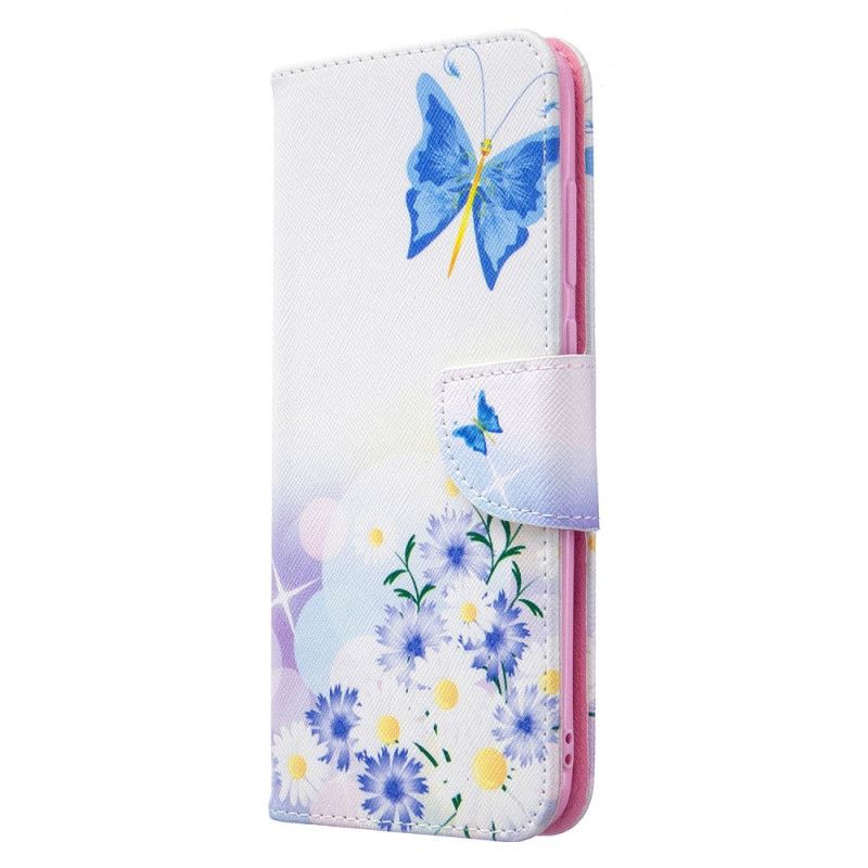 Etui Folio Samsung Galaxy M11 Jasnoniebieski Magenta Malowane Motyle I Kwiaty Etui Ochronne