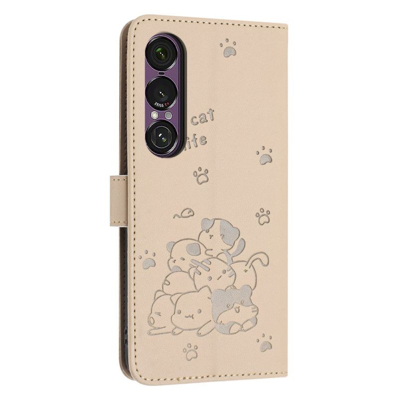Etui Folio Do Sony Xperia 1 Vii Kreskówkowe Koty Z Paskami