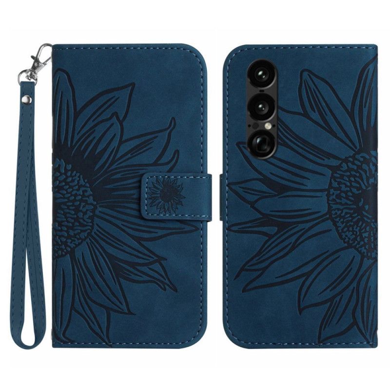 Etui Folio Sony Xperia 1 Vii Nadruk Słonecznika Z Paskiem Etui Ochronne