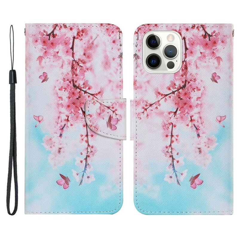 Etui Folio Iphone 13 Pro CZerwone Gałązki Z Paskiem