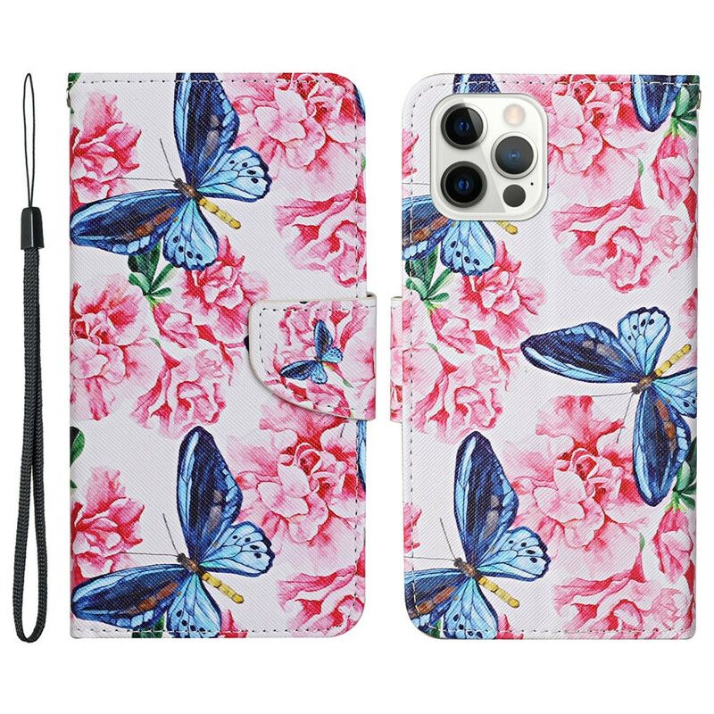 Etui Folio Iphone 13 Pro Mistrzowskie Motyle Ze Smyczą Etui Ochronne