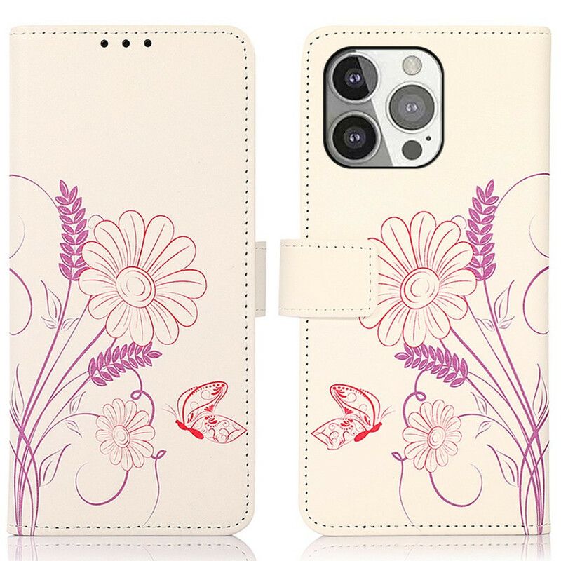 Etui Folio Iphone 13 Pro Rysowanie Motyli I Kwiatów Etui Ochronne