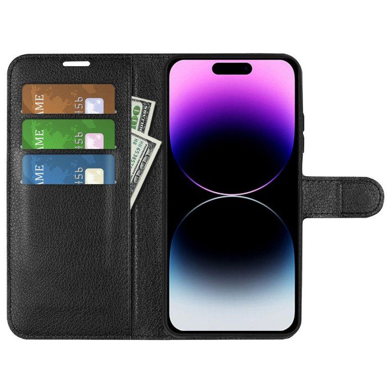 Etui Folio do iPhone 15 Pro Klasyczna Sztuczna Skóra Litchi