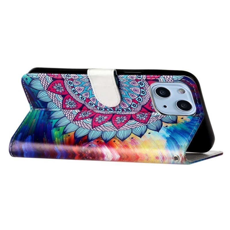 Etui Folio do iPhone 15 z Łańcuch Błyszcząca Mandala Z Paskiem