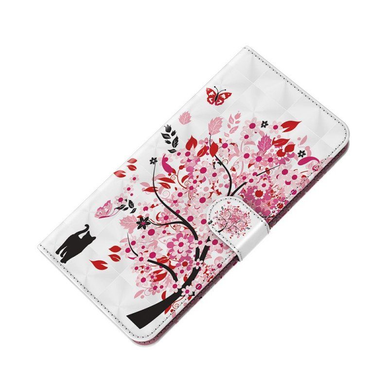 Etui Folio do Moto G71 5G Różowe Drzewo I Czarny Kot