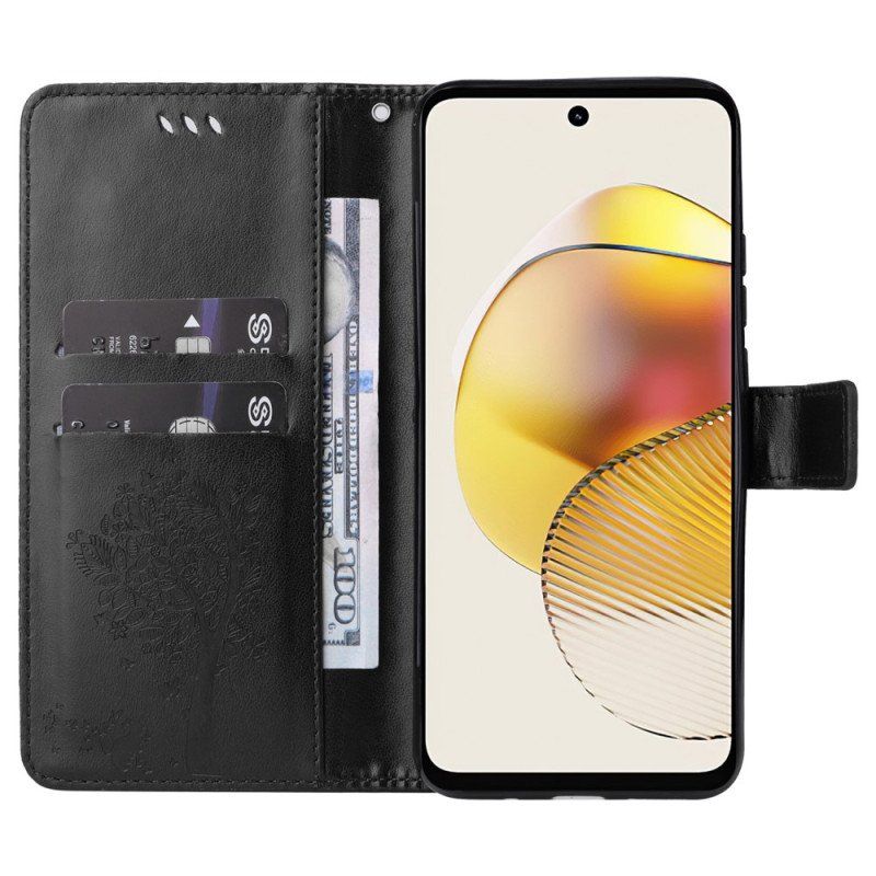 Etui Folio do Moto G73 5G z Łańcuch Drzewo I Pasiasty Kot