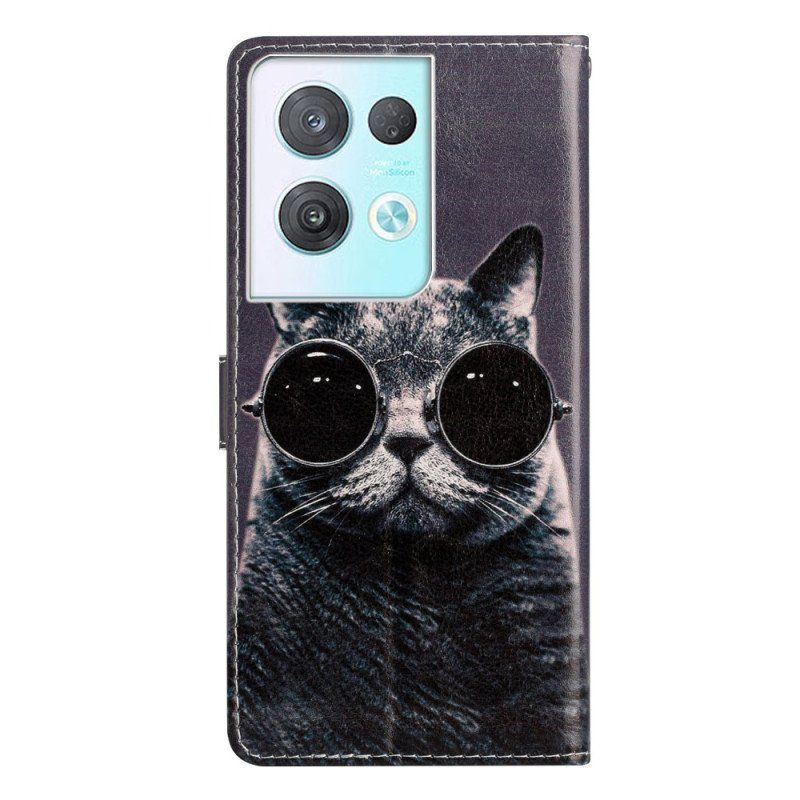 Etui Folio do Oppo Reno 8 Pro z Łańcuch Okulary Z Paskami Dla Kota