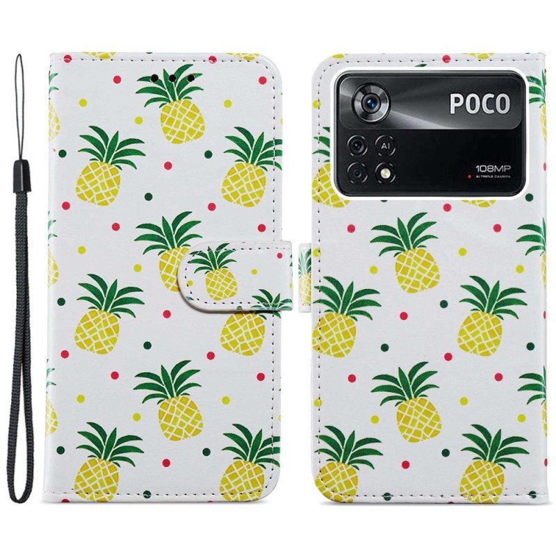 Etui Folio do Poco X4 Pro 5G z Łańcuch Paskowaty Ananas