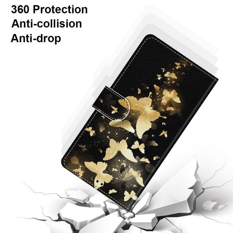 Etui Folio do Samsung Galaxy M53 5G z Łańcuch Złote Motyle Z Paskiem