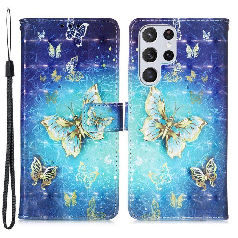 Etui Folio do Samsung Galaxy S22 Ultra 5G Smycz Złote Motyle