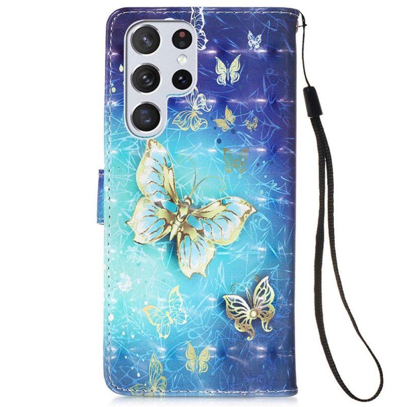 Etui Folio do Samsung Galaxy S22 Ultra 5G Smycz Złote Motyle