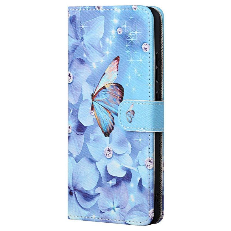 Etui Folio do Samsung Galaxy S23 5G z Łańcuch Diamentowe Motyle Na Ramiączkach