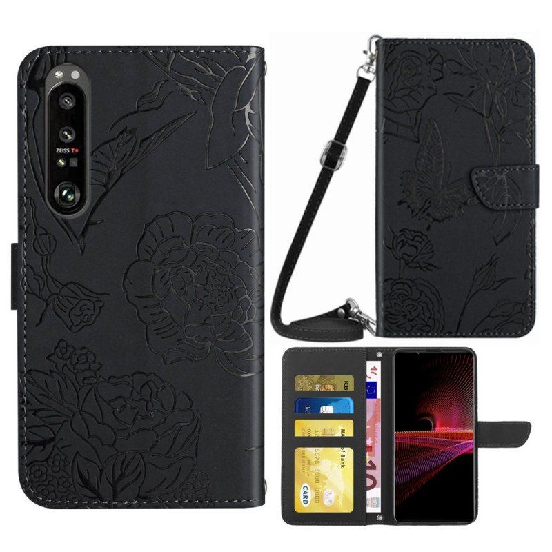 Etui Folio do Sony Xperia 1 IV Motyle I Pasek Na Ramię