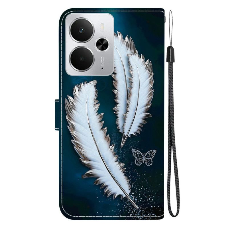 Skórzany Futerał Realme 14 5g Etui Na Telefon Białe Pióra