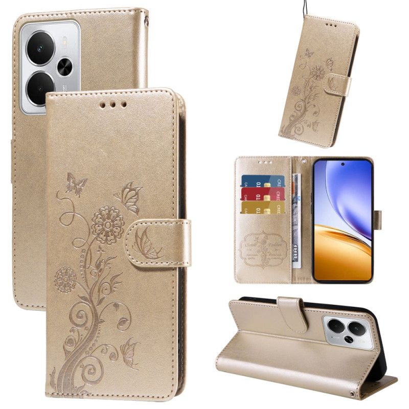 Skórzany Futerał Realme 14 5g Etui Na Telefon Kwiaty I Motyle
