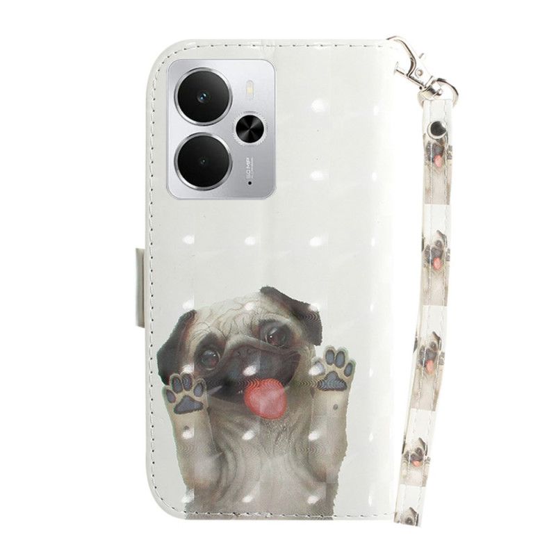 Skórzany Futerał Realme 14 5g Etui Na Telefon Mops Ze Smyczką