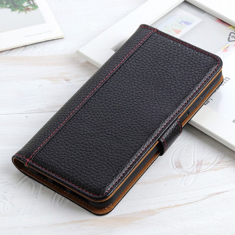 Etui Folio Xiaomi Redmi Note 10 / Note 10S Czerwony Czarny Szwy Z Efektem Skóry Liczi