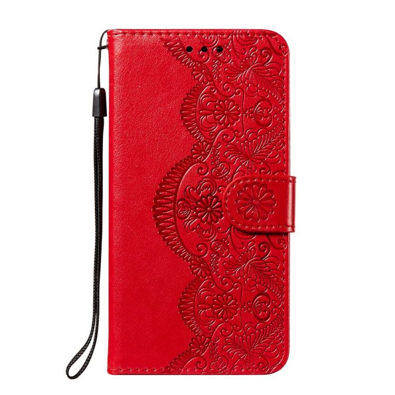 Etui Folio Xiaomi Redmi Note 10 / Note 10S Jasnoniebieski Czerwony Nadruk Haftu Kwiatowego