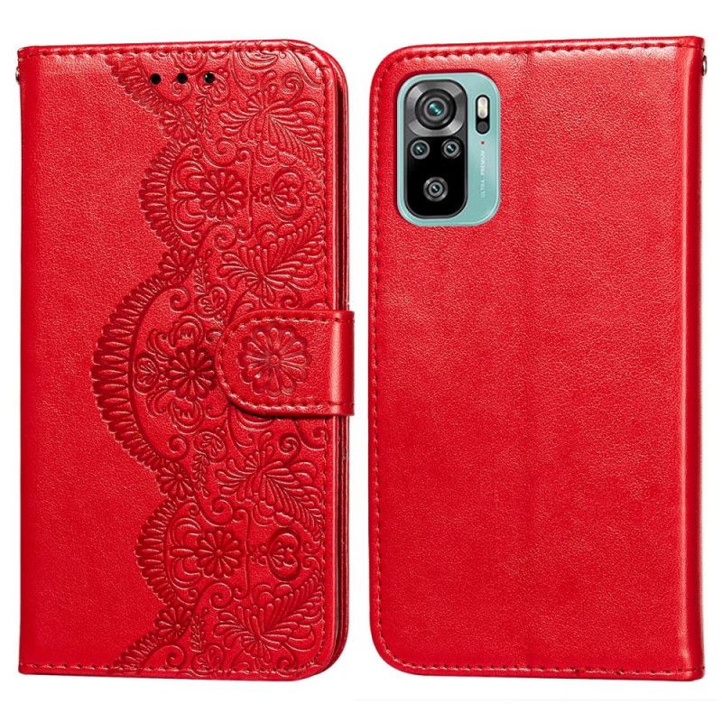 Etui Folio Xiaomi Redmi Note 10 / Note 10S Jasnoniebieski Czerwony Nadruk Haftu Kwiatowego