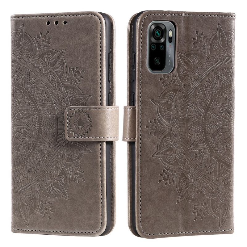 Skórzany Futerał Xiaomi Redmi Note 10 / Note 10S Czerwony Szary Etui na Telefon Mandala Słońca