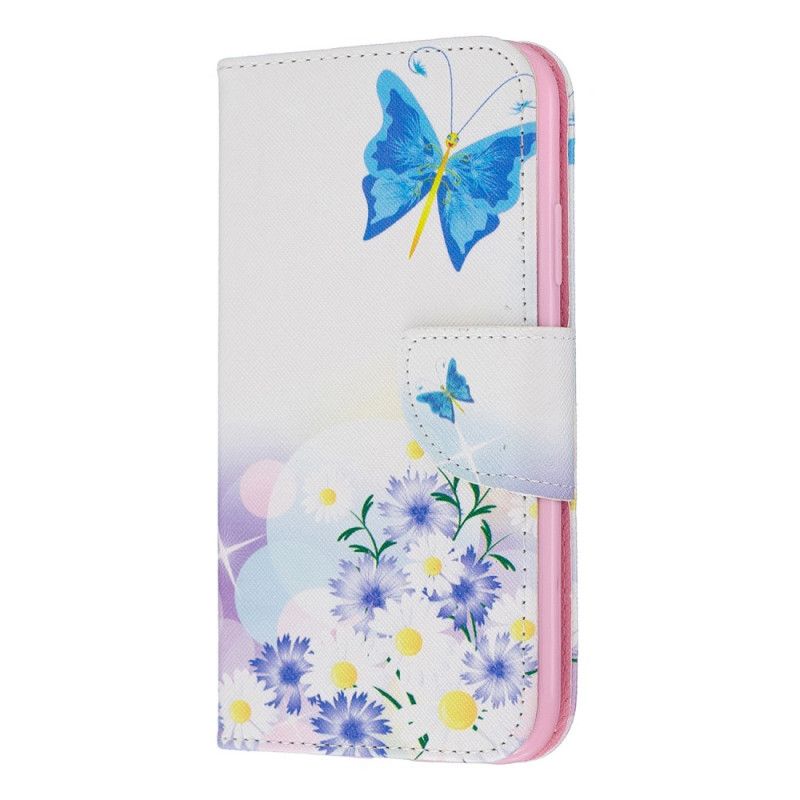 Skórzany Futerał iPhone 11 Jasnoniebieski Magenta Etui na Telefon Malowane Motyle I Kwiaty