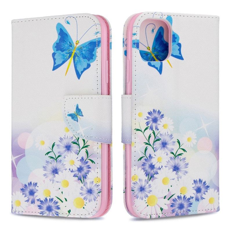 Skórzany Futerał iPhone 11 Jasnoniebieski Magenta Etui na Telefon Malowane Motyle I Kwiaty