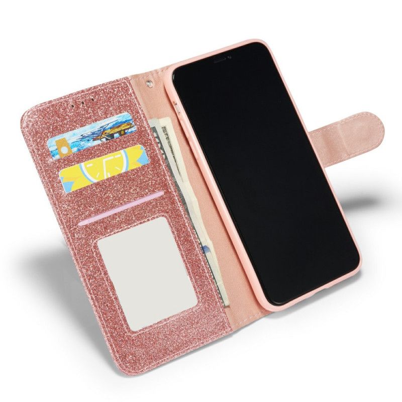 Skórzany Futerał iPhone 11 Magenta Czarny Etui na Telefon Brokat Serca