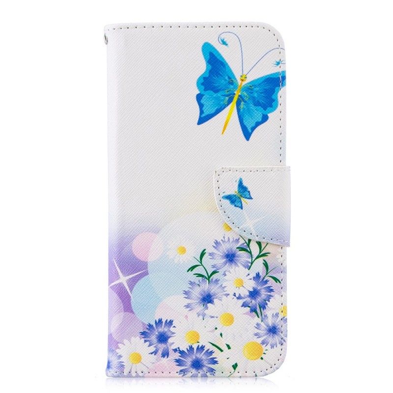 Skórzany Futerał Honor 10 Lite Jasnoniebieski Etui na Telefon Malowane Motyle I Kwiaty