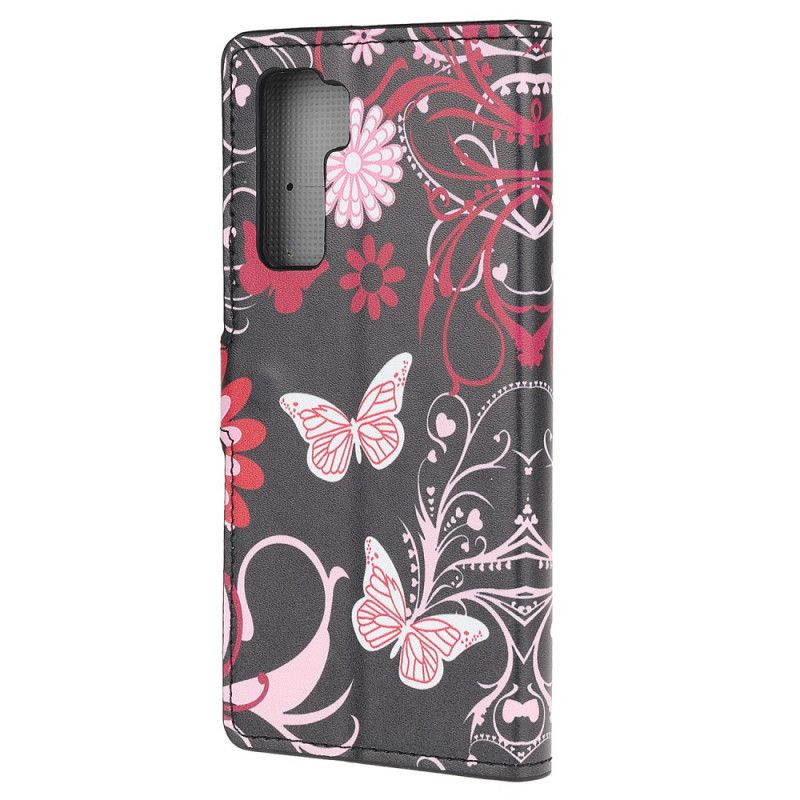 Etui Folio Huawei P40 Lite 5G Biały Czarny Motyle I Kwiaty 2 Etui Ochronne