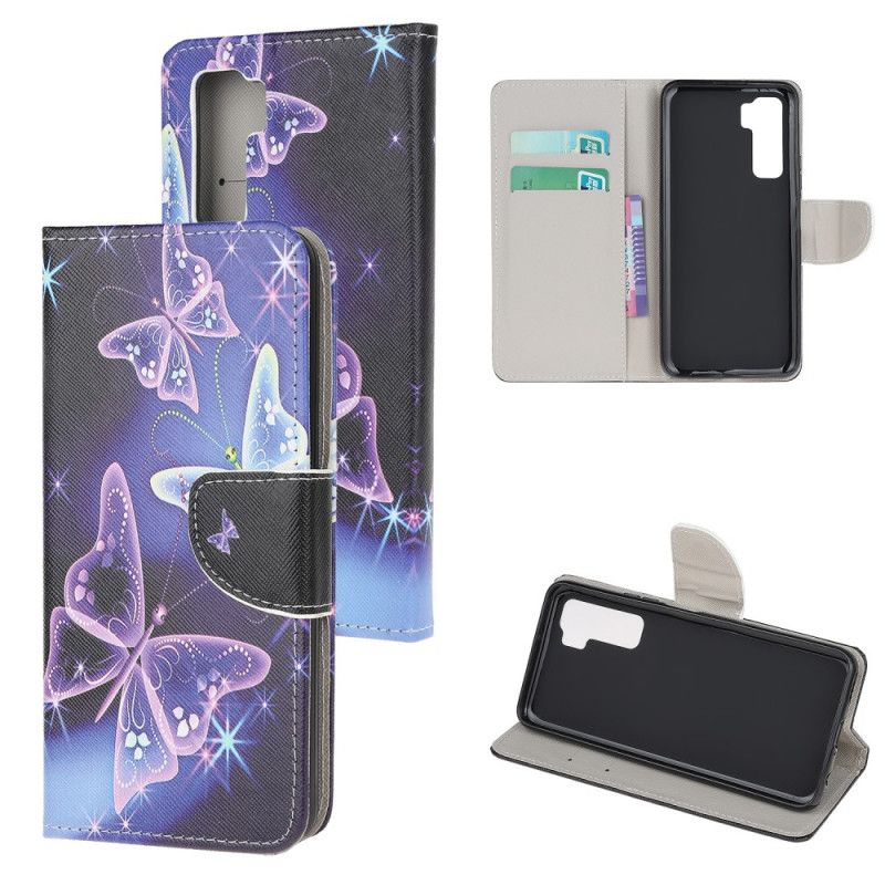 Etui Folio Huawei P40 Lite 5G Fioletowy Jasnoniebieski Motyle I Kwiaty