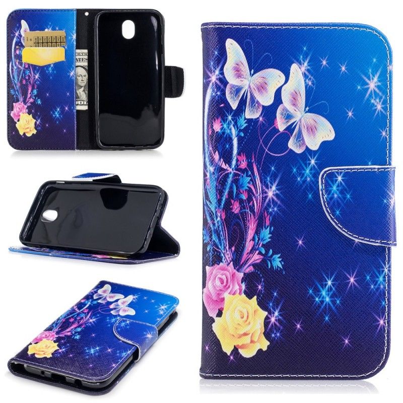 Etui Folio Samsung Galaxy J7 2017 Jasnoniebieski Różowy Motyle W Nocy