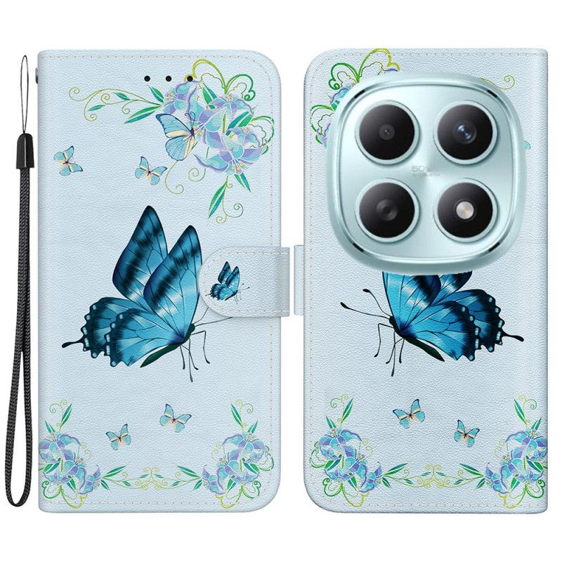 Etui Folio Xiaomi Redmi Note 15 5g Motyl I Niebieskie Kwiaty Etui Ochronne