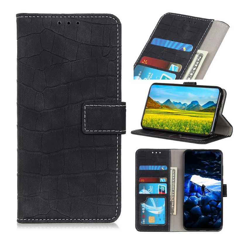 Skórzany Futerał Samsung Galaxy A20s Granatowy Czarny Etui na Telefon Moc Krokodyla