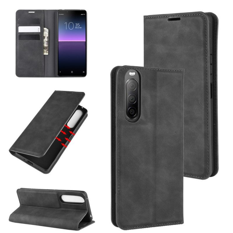 Flip Kotelot Sony Xperia 10 II Szary Czarny Etui na Telefon Efekt Miękkiej Skóry