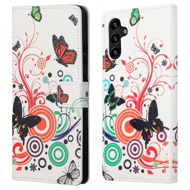Skórzany Futerał do Samsung Galaxy A13 5G / A04s Motyle I Kwiaty