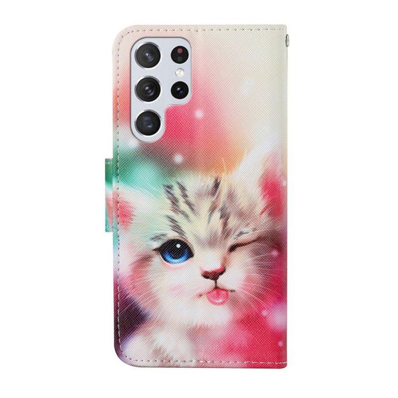 Skórzany Futerał do Samsung Galaxy S22 Ultra 5G Królewski Kot Ze Smyczą