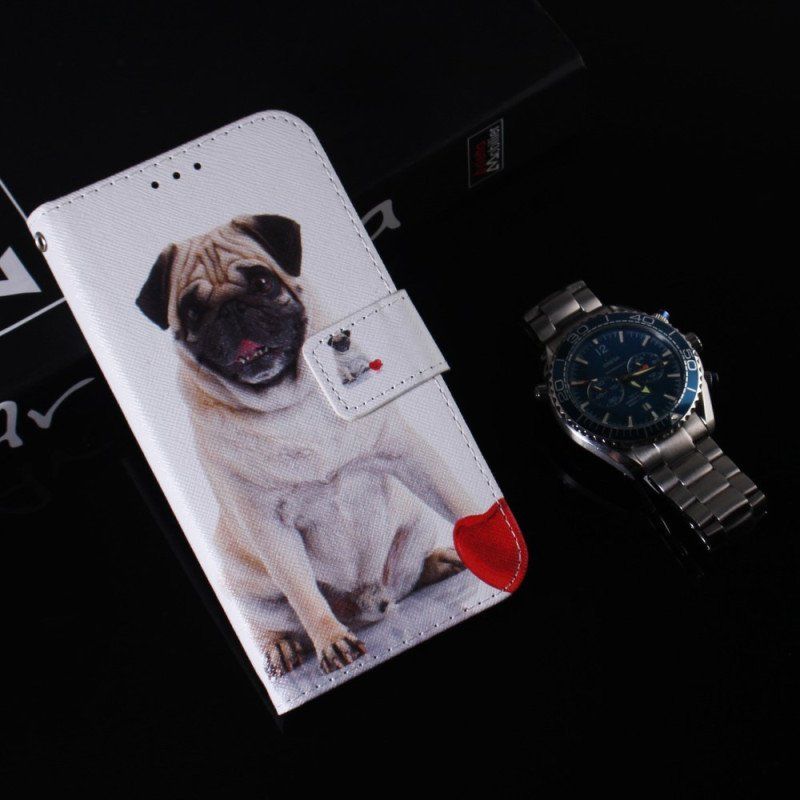 Skórzany Futerał do Xiaomi Redmi Note 12 5G z Łańcuch Mops Ze Smyczą